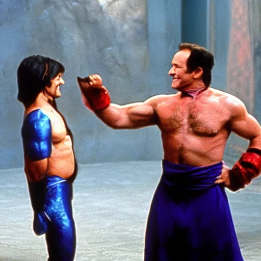 Image similar to a photo of robin williams turning into the genie from disney's aladin mid fight during a fist fight with bruce willis from die hard