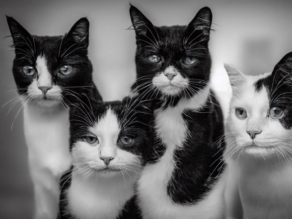 Prompt: Two black and white cats looking at you with disapproval, knowing what you really want to start generating, photo portrait, intricate, cinematic lightning, epic battle, epic composition