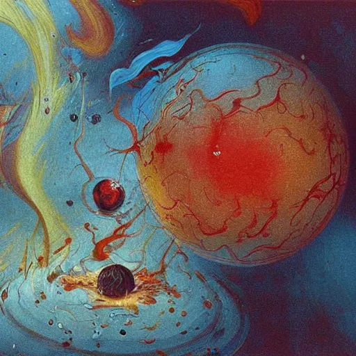 Image similar to a sphere being devoured by abstract splatters of paint in the style of francis bacon, venus being engulfed in flames in the style of james jean, surreal, beksinski, high detailed