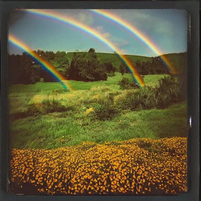 Prompt: very beautiful polaroid photo of a flower meadow by a stream on a sunny day with double rainbow