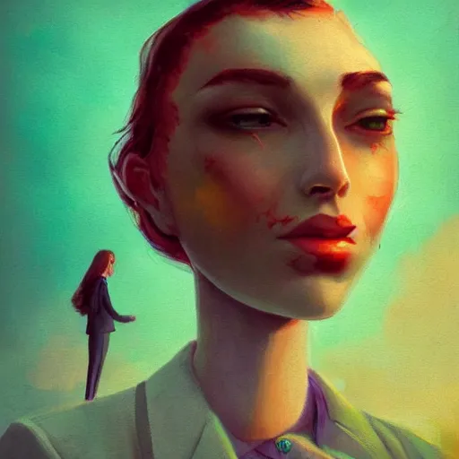 Image similar to closeup, huge rose flower face, frontal, girl in suit, surreal photography, sunrise, dramatic light, impressionist painting, digital painting, artstation, simon stalenhag