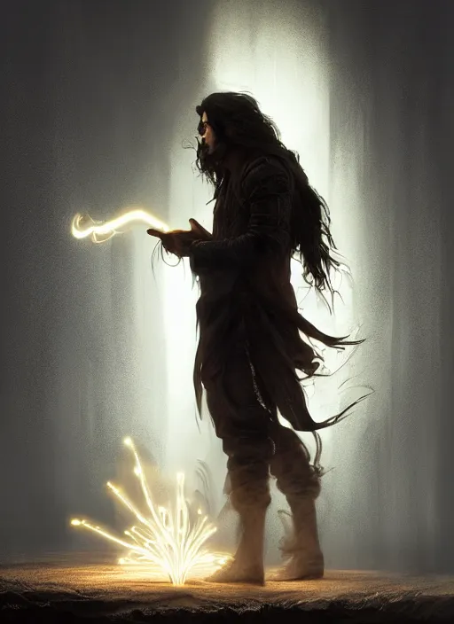 Image similar to side profile of a man with long black hair in brown rags holding a glowing device, fantasy, digital painting, volumetric light, intricate, sharp, focus, bloom, illustration, highly detailed, concept art, matte, ruan jia, randy vargas, greg rutkowski