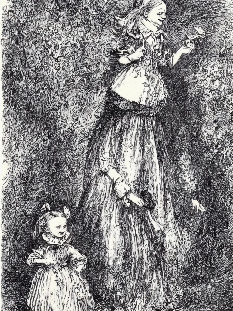 Image similar to Tenniel illustration portrait of Alice smiling happily