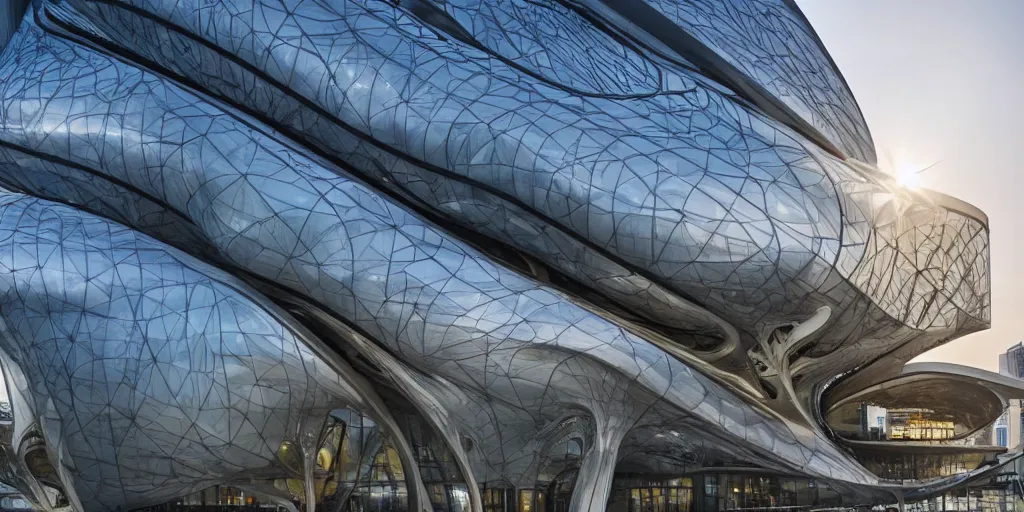 Image similar to extremely detailed ornate stunning sophisticated beautiful elegant futuristic museum exterior by Zaha Hadid, Milan buildings in the background, stunning volumetric light, stainless steal, concrete, translucent material, beautiful sunset, tail lights