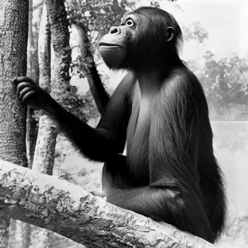 Prompt: 8 k, uhd, historical photos circa 1 9 4 7, smart orang utan professor meet richard feyman