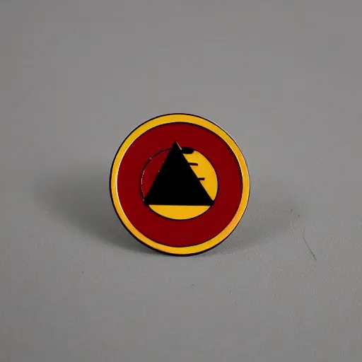 Image similar to a retro minimalistic circle enamel pin of a retro 1 9 7 0 s minimalistic clean fire warning label, use of negative space allowed, smooth curves