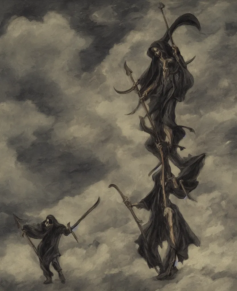 Prompt: a grim reaper holding nine scythes walking on the clouds