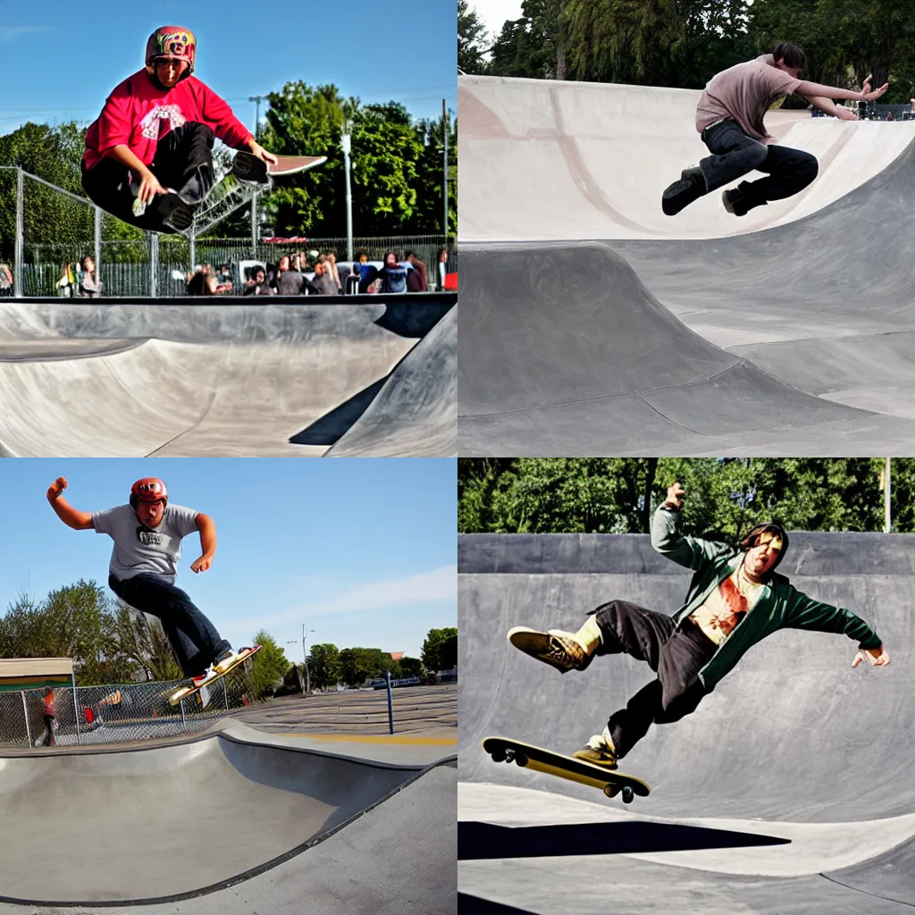 Prompt: jabba the hutt landing a kickflip at the skatepark