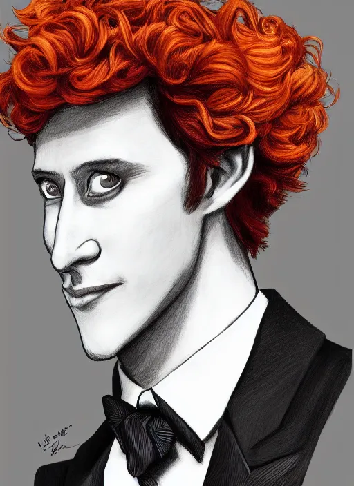 Image similar to illustration drawing of a mid range curly orange hair man with tuxedo as a portrait, masterpiece artwork, ultra detailed, artgerm, style by pixar, digital art, trending on artstation, behance, deviantart