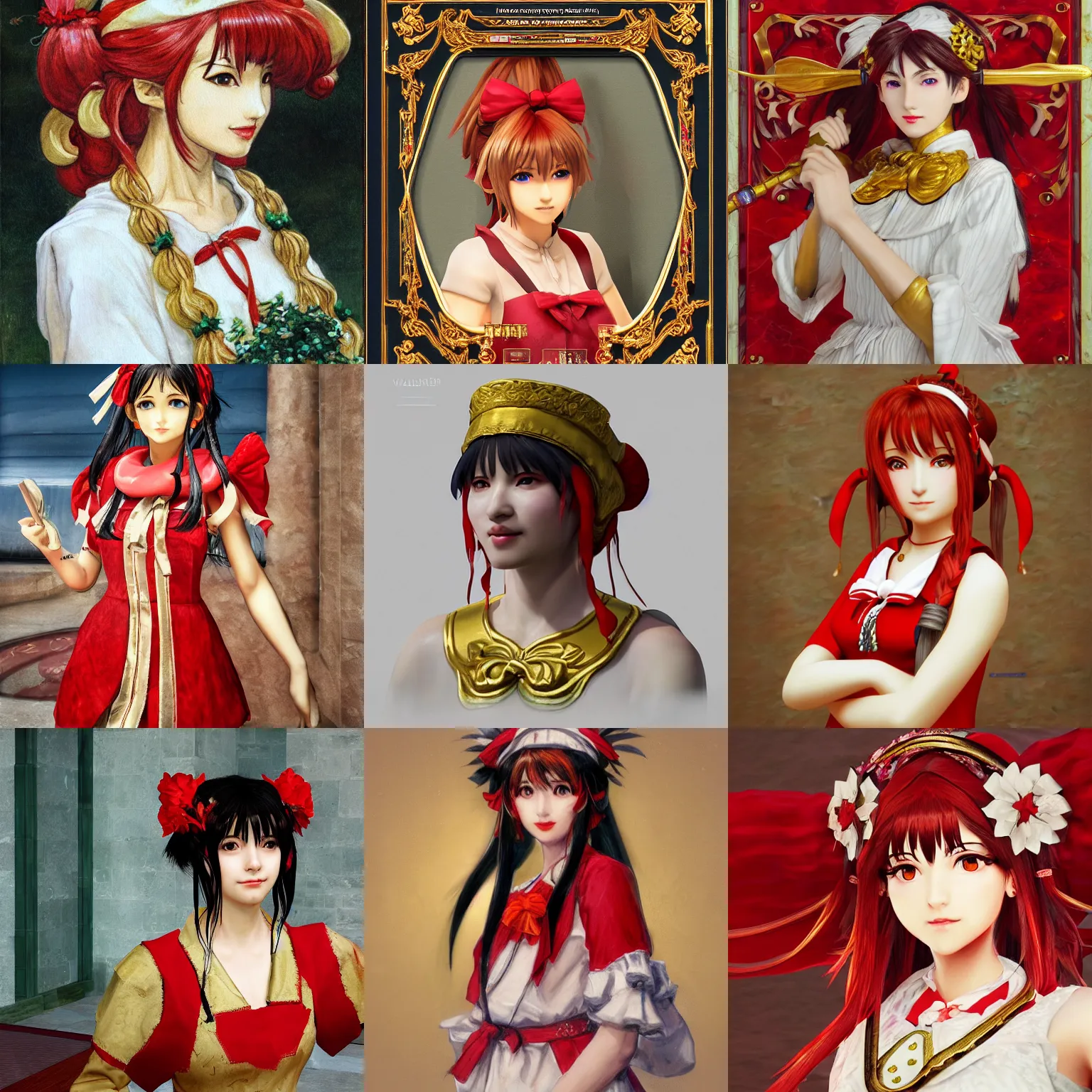 Prompt: a portrait painting of reimu hakurei, by walter crane, marble, gold, unreal engine 5