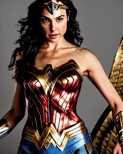 Prompt: full body shots of beautiful actress gal gadot as wonder woman in her golden winged armor - raw, studio lighting, 8 k, photo shoot, 9 inch kershaw soft focus lens f / 5. 6