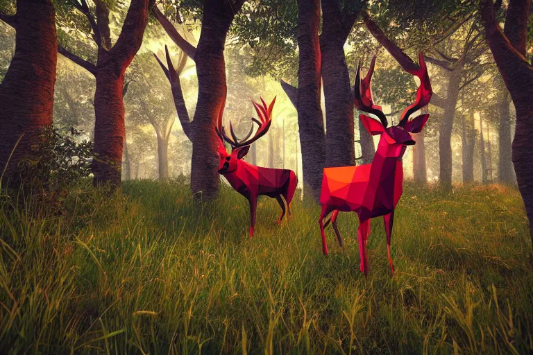 Prompt: lowpoly art of red deer in an undergrowth, unreal engine, retrowave color palette, 3 d render, lowpoly, colorful, digital art, perspective