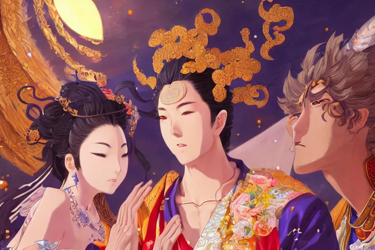 Image similar to close up moment of a divine a japan sun god and a moon goddess lovers magician at a wedding banquet, highly detailed, genshin, fantasy, 4 k realistic, digital painting, trending on artstation, concept art, sharp focus, illustration, art by makoto shinkai and akihiko yoshida and daniel gerhartz