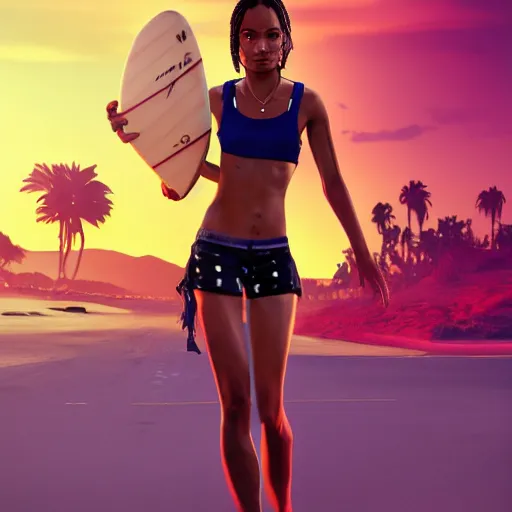 Prompt: zoe kravitz as a california surfer girl, full body shot, gta 5 cover art, hd digital art, trending on artstation