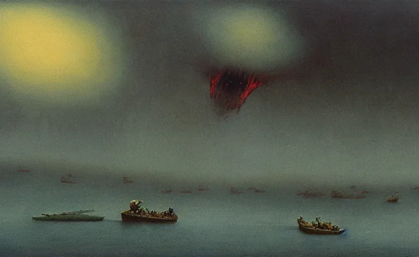 Prompt: invasion of normandy, painting in the style of zdzislaw beksinski