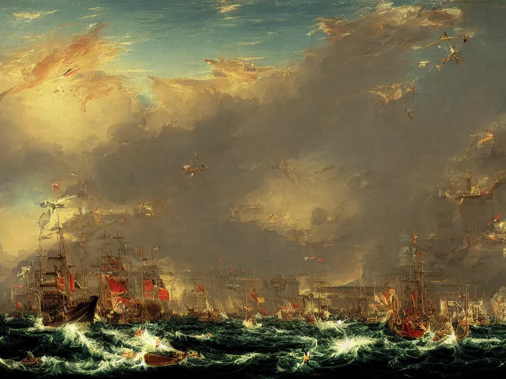 Prompt: naval battle at the port of algiers, 1 8 1 6, by thomas cole, painting