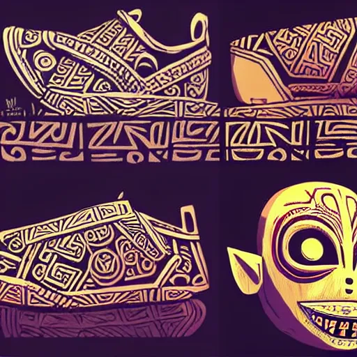 Image similar to detailed sneaker design concept art, aztec mayan street fashion native punk sneaker design, majora's mask, wearing wooden mask, hip hop sneaker design with subtle mayan patterns, gapmoe yandere grimdark, trending on pixiv fanbox, painted by greg rutkowski makoto shinkai takashi takeuchi studio ghibli, akihiko yoshida