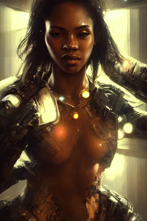 Prompt: ultra realistic illustration, dappled lighting, closeup portrait shot, perfect lighting, hacknaut cyberpunk, sci - fi, fantasy, intricate, elegant, deviantart, highly detailed, digital painting, artstation, concept art, black person, smooth, sharp focus, illustration, art by artgerm and greg rutkowski and alphonse mucha