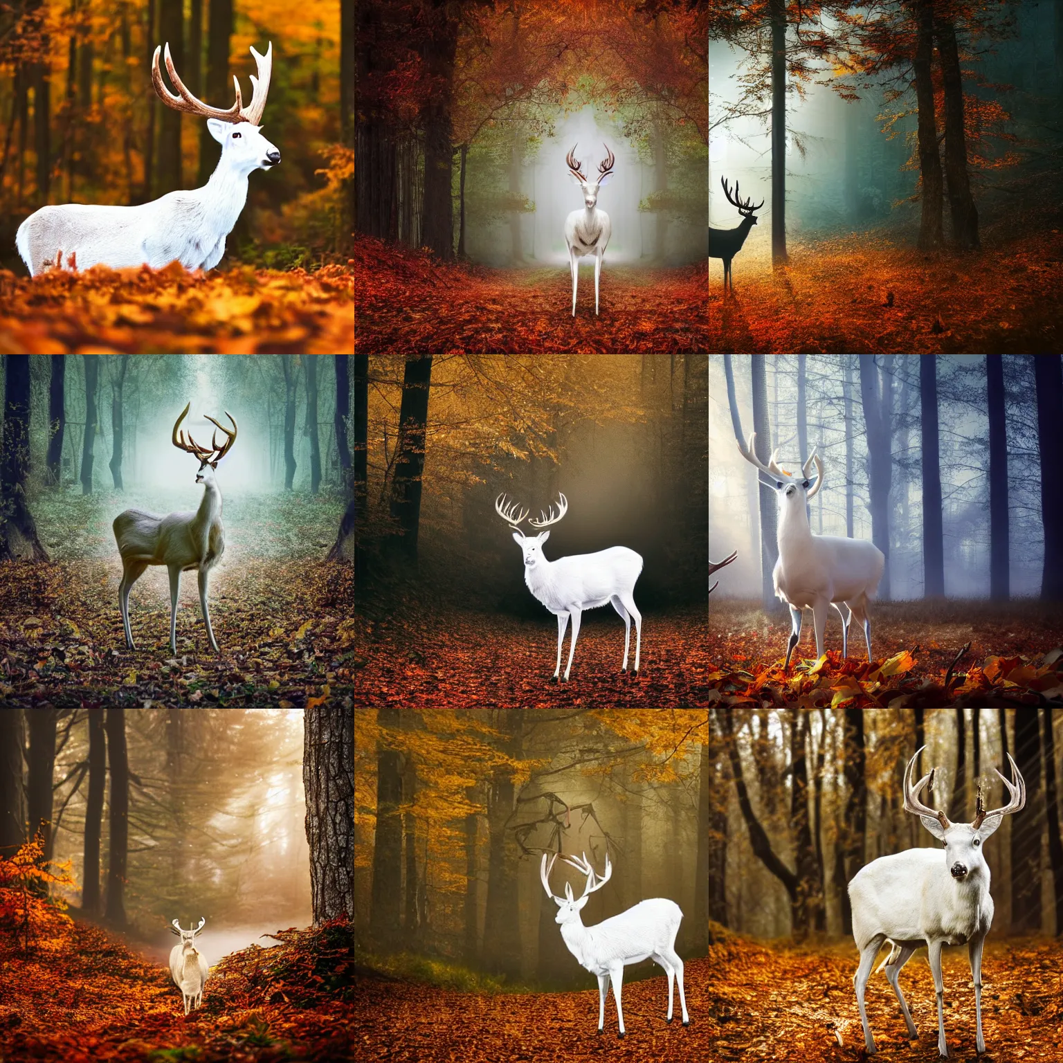 Prompt: a white deer with antler, in a forest, autumn, fantasy, morning light, mist, cinematic shot, high definition, detailed, paper cut style