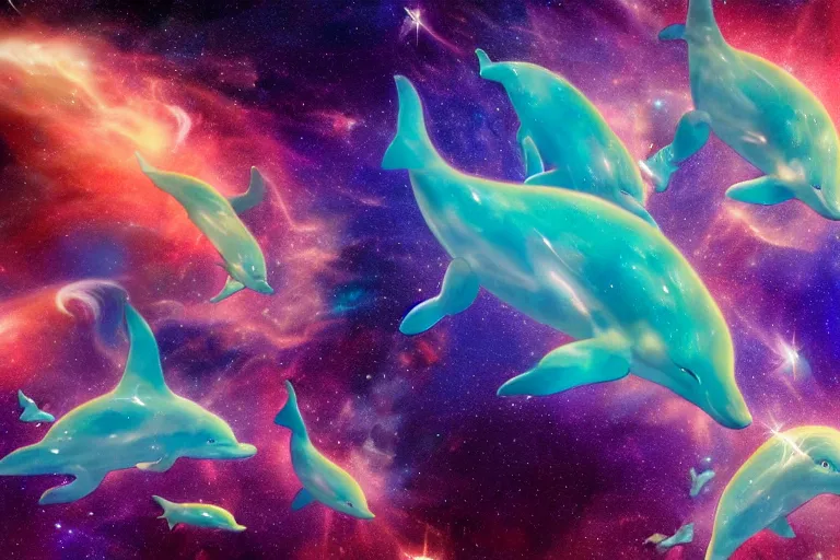 Image similar to a group of cosmic dolphins swimming and jumping out of a ocean of the cosmos, epic composition, 4 k