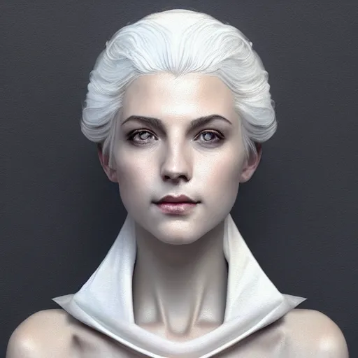 Image similar to white haired aristocrat, bust portrait, gentle, solemn face, cloth, female, city landscape, d & d, fantasy, intricate, elegant, digital painting, white grey color palette, artstation, octane render, concept art, matte, sharp focus, illustration, herrarthstone, art by artgerm and greg rutkowski and alphonse mucha