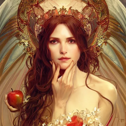 Image similar to portrait of the angel of apples, D&D, fantasy, intricate, elegant, highly detailed, digital painting, artstation, concept art, smooth, sharp focus, illustration, art by artgerm and greg rutkowski and alphonse mucha