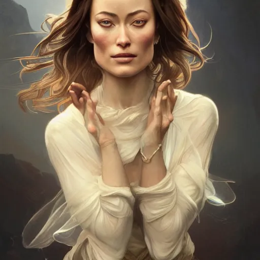 Image similar to portrait of Olivia Wilde, elegant, intricate, headshot, highly detailed, digital painting, artstation, concept art, sharp focus, illustration, art by artgerm and greg rutkowski and alphonse mucha