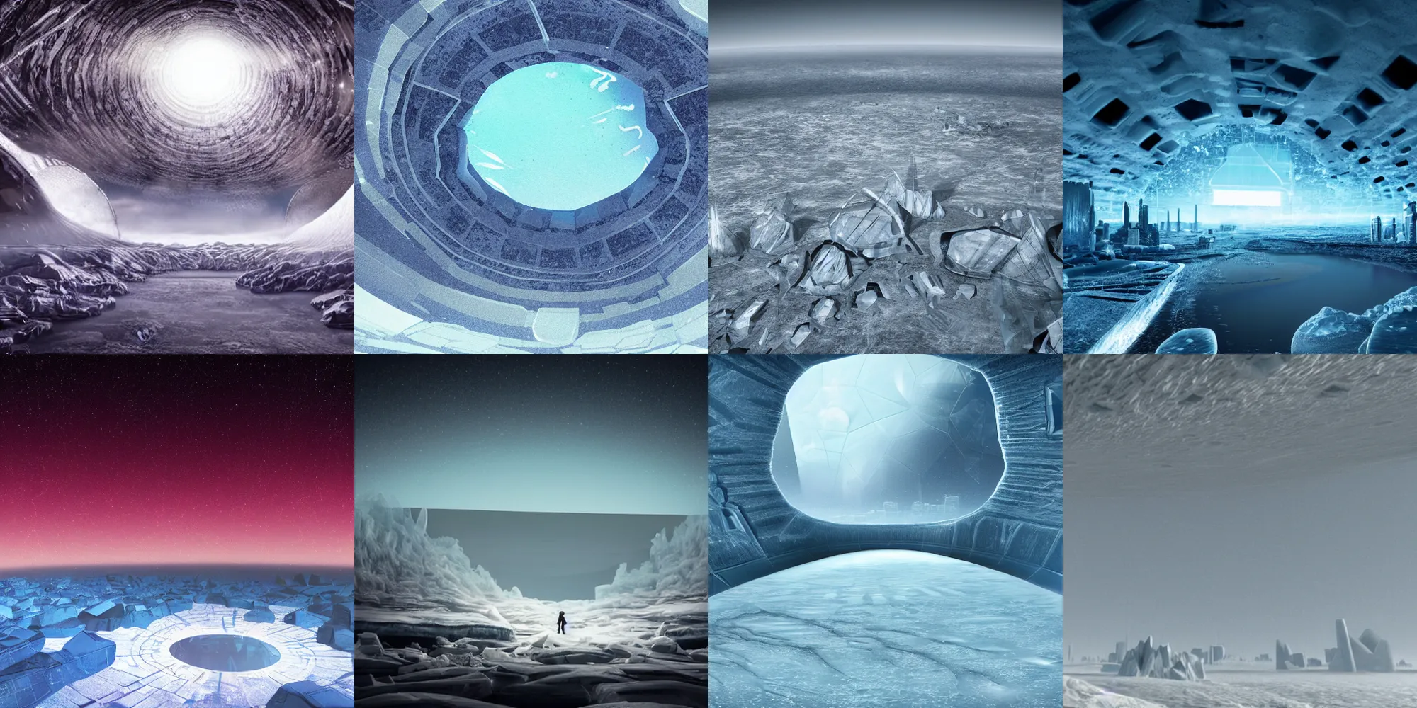 Prompt: science fiction city inside of ice asteroid with infinite horizon