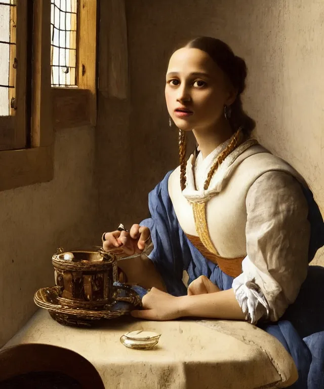 Prompt: a highly detailed, beautifully lit portrait of a pretty, young alicia vikander sitting at a table by an open window, oil painting portrait by vermeer and bouguereau