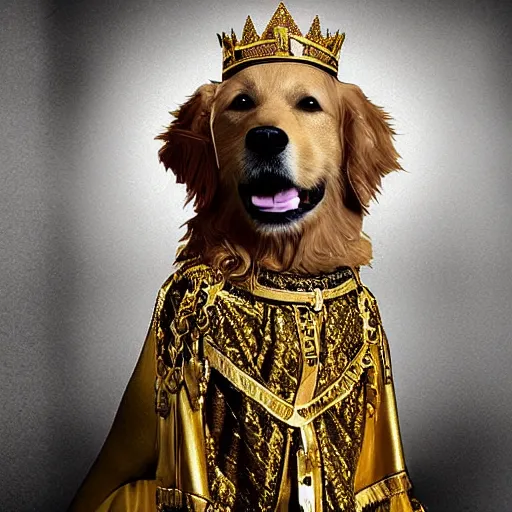 Prompt: Photomanipulation of golden retriver king , is dressed as a king, ultrarealism, photorealism, detailed, crown and gown