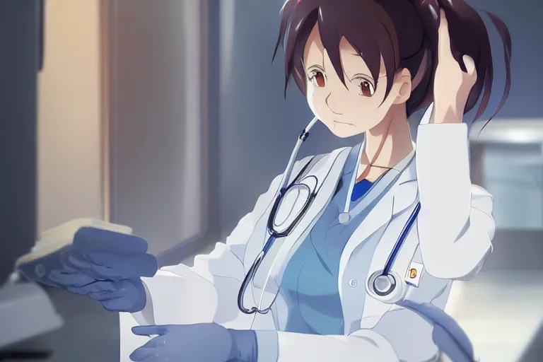 Image similar to a cute young female doctor wearing white coat are working in an emergency room , slice of life anime, cinematic, lighting, 8kHDR, anime scenery by Makoto shinkai