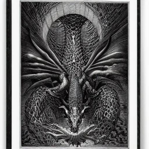 Prompt: xilography of a dragon by escher by gustave dore