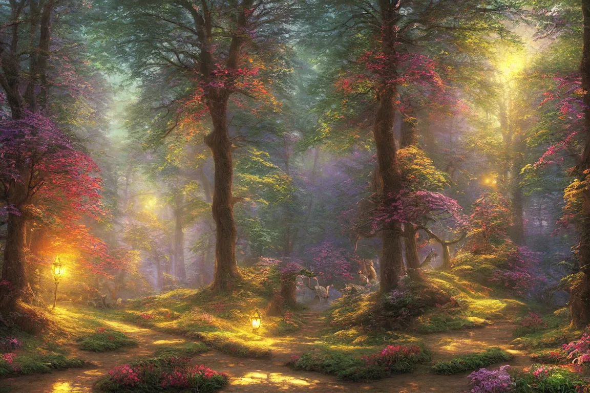 Prompt: fairy tale forest landscape painted by Thomas Kinkade, highly detailed, digital painting, artstation, concept art, smooth, sharp focus, illustration,