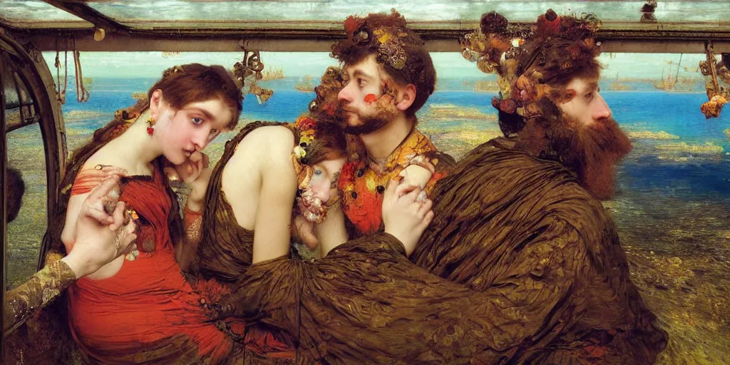 Prompt: detailed colourful masterpiece of photography couple portrait sat down extreme closeup, inside an underwater train, wearing unusual clothes, by william powell frith and ford maddox brown and frederic leighton and john william waterhouse