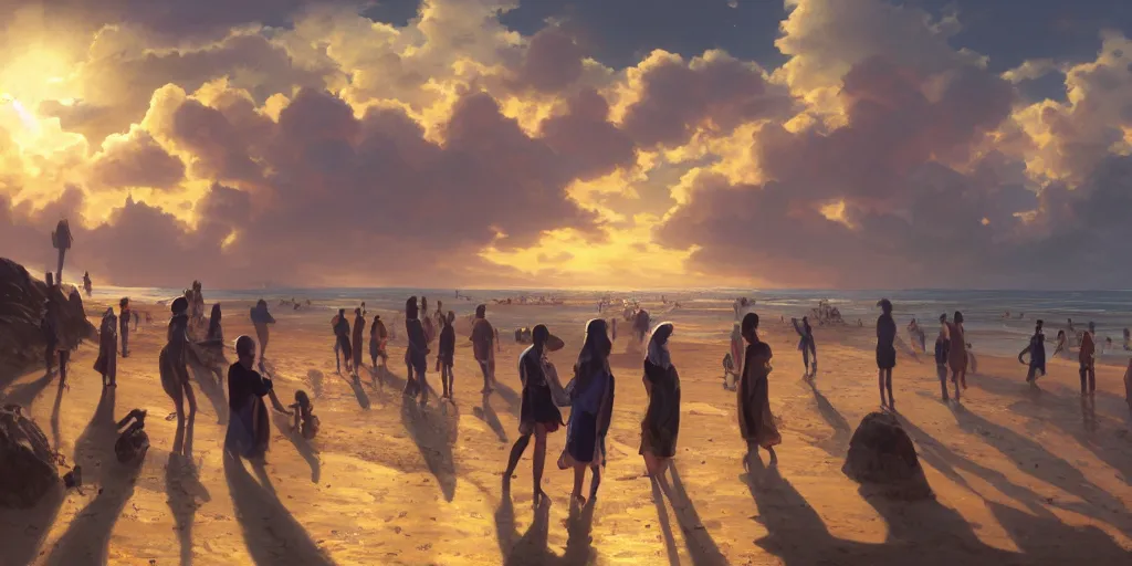 Prompt: a group of people watching sunset on a beach with a close planet's surface covering most of the sky, intricate, highly detailed, digital painting, trending on artstation, concept art, smooth, illustration, cinematic lighting, art by artgerm and greg rutkowski and alphonse mucha