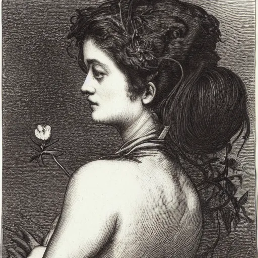 Image similar to extreme close-up, portrait of a beautiful french woman from behind with a single flower in head, Gustave Dore lithography