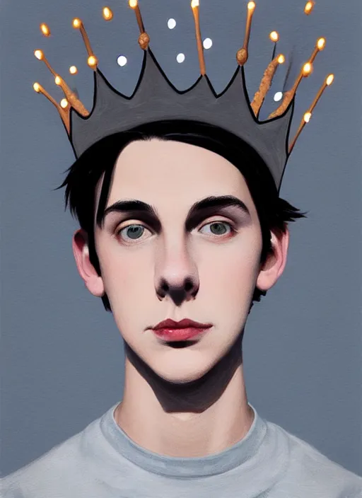 Image similar to portrait of teenage jughead jones wearing a light grey crown, photorealistic, crown, sweater with letter s on it, hamburger, eyes closed, crown, black hair, intricate, elegant, glowing lights, highly detailed, digital painting, artstation, concept art, smooth, sharp focus, illustration, art by wlop, mars ravelo and greg rutkowski