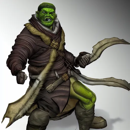 Prompt: shifty looking male rogue, hyperrealistic sneaking behind orc