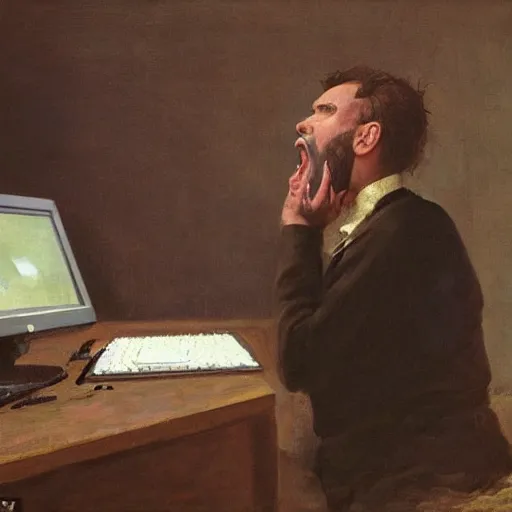 Image similar to an angry man yells at his computer monitor, oil on canvas, 1 8 8 3, highly detailed