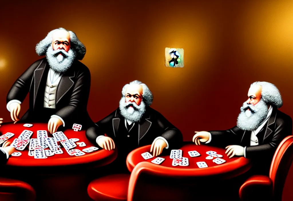 Image similar to Karl Marx playing poker in Las Vegas, ultra HD, studio light, photorealism