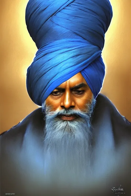 Image similar to Manmohan Singh as Krish, Krish costume, Manmohan Singh blue turban, Krish body type, Manmohan Singh Face, calm, grumpy, portrait, masculine figure, highly detailed, digital painting, artstation, concept art, smooth, sharp focus, illustration, cinematic lighting, art by artgerm and greg rutkowski and alphonse mucha