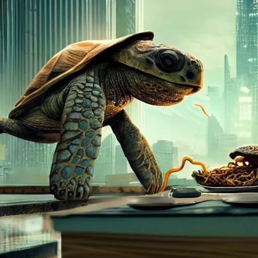 Prompt: an old tortoise eating noodles in a post apocliptic in cyberpunk world 8 k