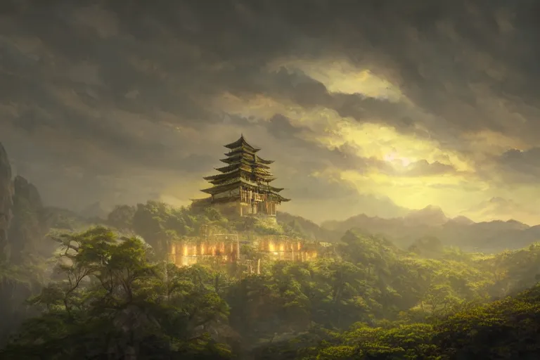 Prompt: cinematic lighting fantasy painting, an ancient land, sunset and ominous shadows over the kingdom, valleys and farmland and villages, brutalist cement shiro himeji rivendell palace, garden of eden by jessica rossier
