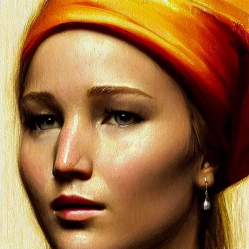 Image similar to portrait of Jennifer Lawrence in the style of Girl with a Pearl Earring by Johannes Vemeer, oil painting, masterpiece, old master, grand master, symmetrical facial features, intricate, elegant, digital painting, concept art, smooth, sharp focus, illustration, from StarCraft by Ruan Jia and Mandy Jurgens and Artgerm and William-Adolphe Bouguerea, rule 34