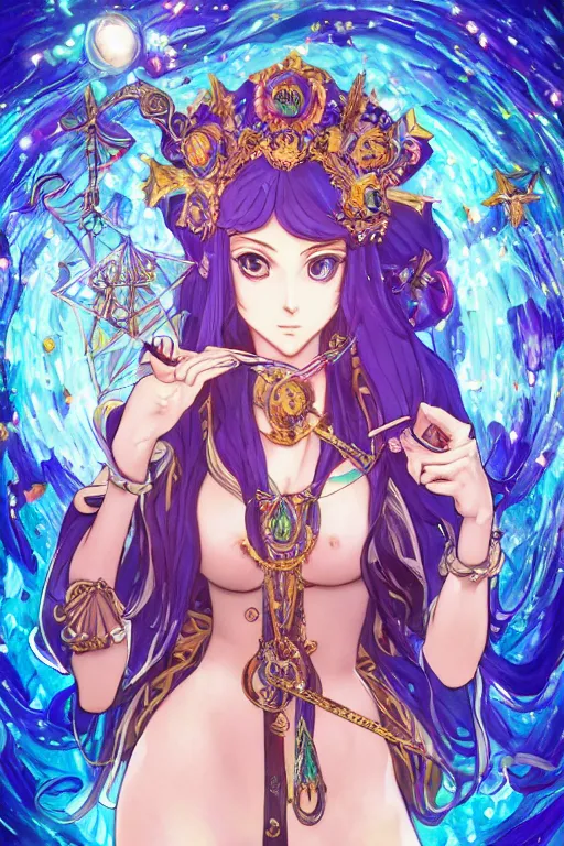 Image similar to psychedelic, intricate, highly detailed, anime, 4k, a beautiful seductive lucina from fire emblem holding a crystal containing the universe, with professional makeup, long trippy hair, surrounded by gems, underneath the stars, trending on patreon, deviantart, twitter, artstation, volumetric lighting, heavy contrast, by artgerm and Ilya Kuvshinov and alphonse mucha
