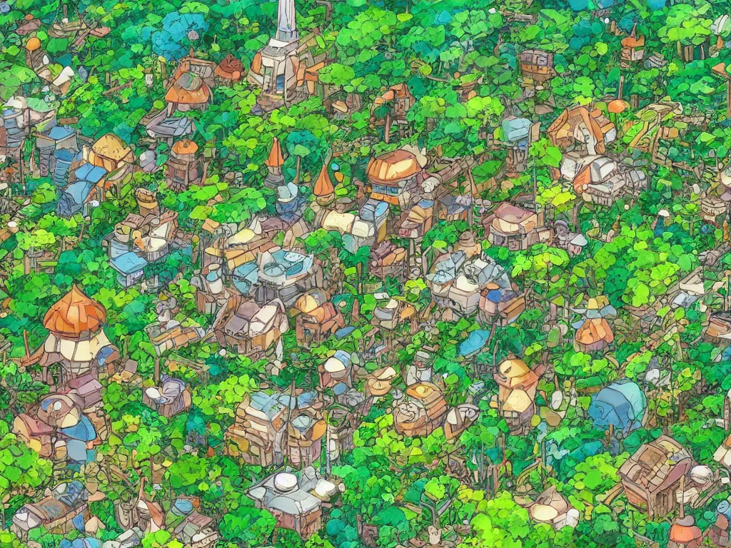 Prompt: a microscopic village in the deep jungle, studio ghibli, anime, flat colors, 8 k wallpaper, trending on artstation