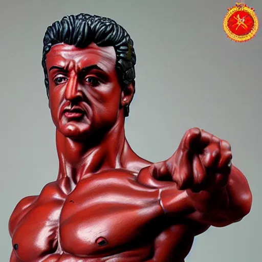 Image similar to museum stallone rambo prince statue monument made from porcelain brush face hand painted with iron red dragons full - length very very detailed intricate symmetrical well proportioned balanced