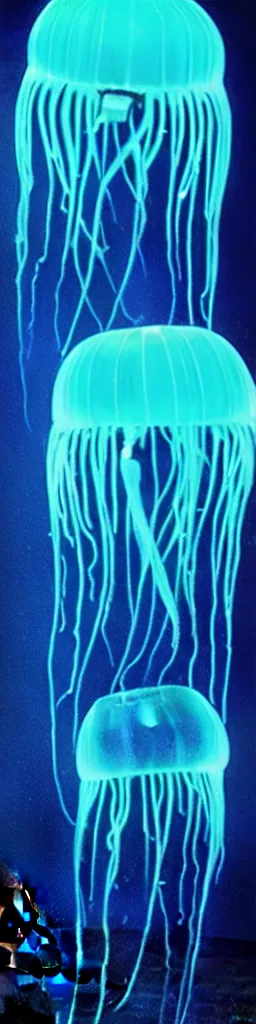 Prompt: a deep sea translucent bioluminescent jellyfish glowing indigo, hyperrealistic, extremely detailed, underwater photography