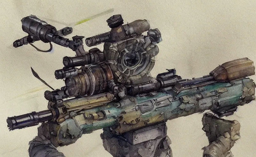 Image similar to concept art of a sniper rifle in futuristic, fantasy, steampunk, pinterest, artstation trending, behance, watercolor, by coby whitmore, silver, laser light,