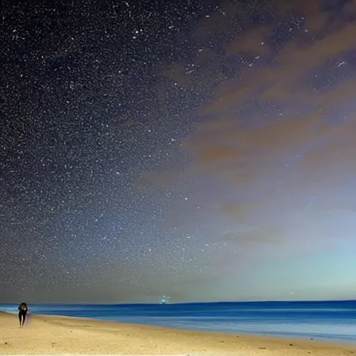 Prompt: walking the dog on a beach with meteors in sky